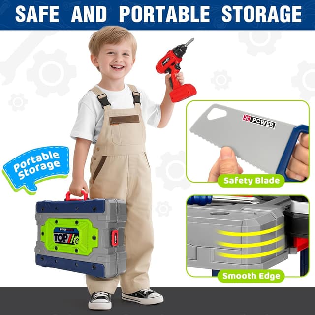 Detalle de Kids Tool Bench Set with Electric Drill and Realistic Tools (132pcs) — 2-in-1 Workbench & Toolbox for Ages 3–5
