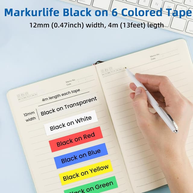 Detalle 2 de 6er-Pack Etikettenband kompatibel mit DYMO LetraTag 12 mm x 4 m (UV-beständig, wasserfest) – bunt: Schwarz auf Klar/Weiß/Rot/Gelb/Blau/Grün