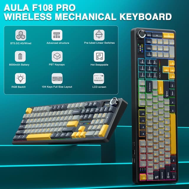 Detalle de AULA F108 Pro Wireless Gaming Keyboard (Full Size) with TFT Display, Knob, RGB & Hot-Swappable Switches
