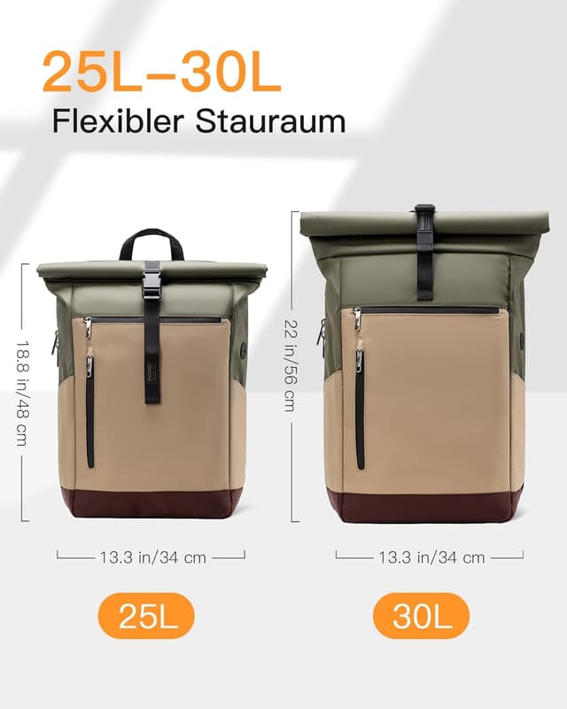Detalle 2 de Inateck RollTop Rucksack 25–30L für Uni & Alltag