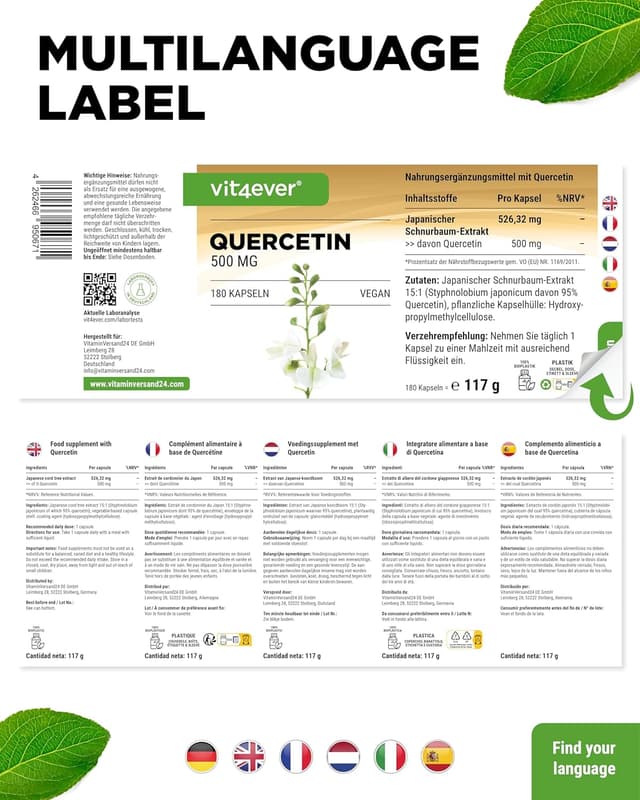 Detalle 2 de vit4ever Quercetin 500 mg – 180 Kapseln (6-Monatsvorrat) mit 15:1 Schnurbaum-Blütenextrakt, vegan