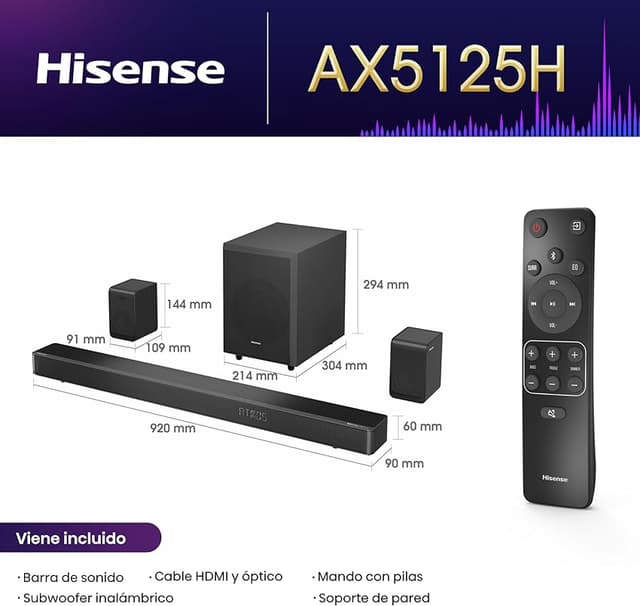 Detalle de Hisense AX5125H Barra de Sonido 5.1.2 con Dolby Atmos 🔊
