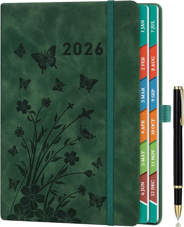 Detalle de 2026 Page-a-Day A5 Diary (Day per Page) in Sea Green with Elastic Pen Holder, Inner Pocket and Floral Monthly Tabs