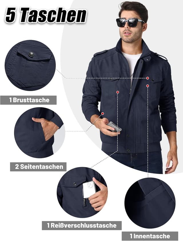 Detalle de MAGCOMSEN Herren-Übergangsjacke Winddicht „Cargo Outdoor“ mit Stehkragen und Multifächertaschen