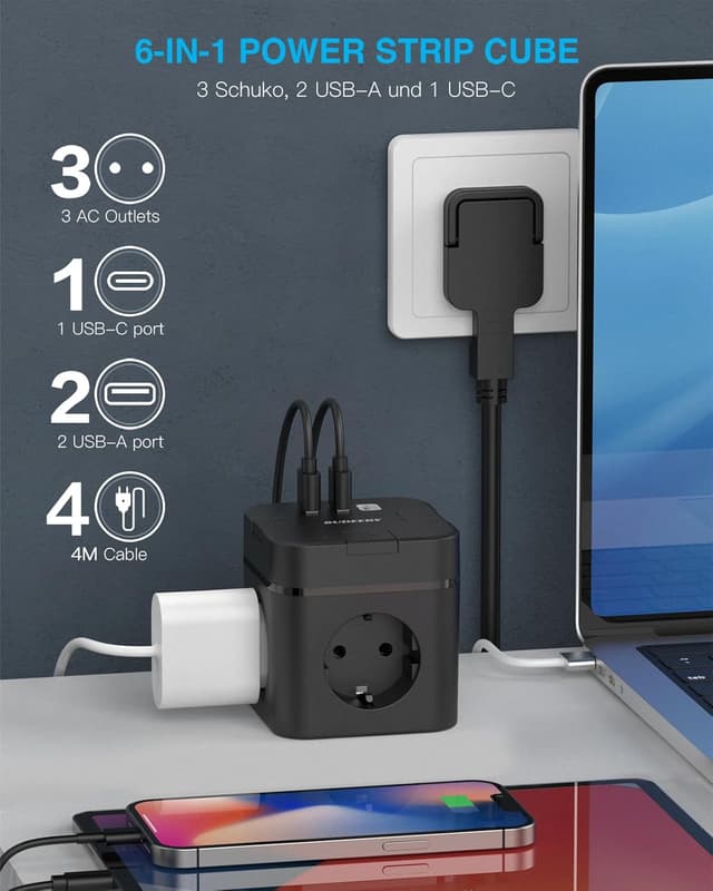 Detalle 2 de 6-in-1 Steckdosenwürfel mit USB‑C, 4 m Kabel 🔌