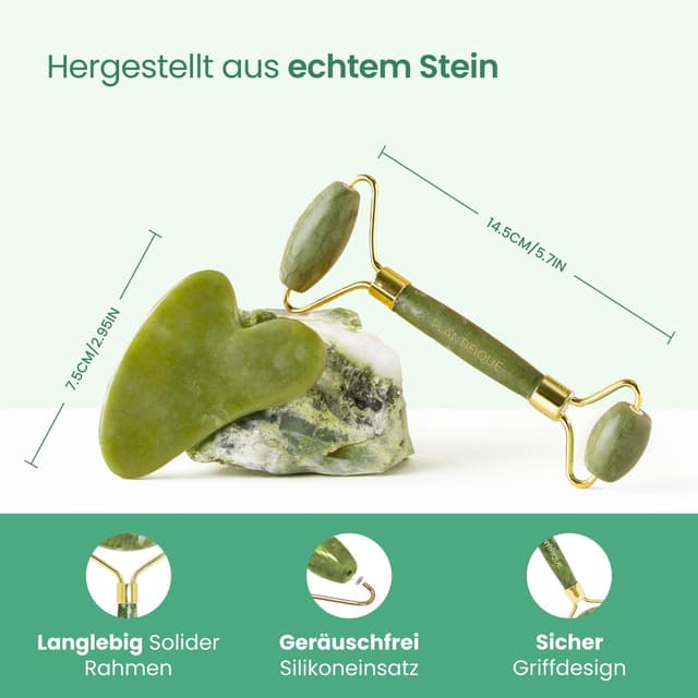 Detalle de PLANTIFIQUE Jade Gesichtsroller & Gua Sha Set aus Naturjade für Massage, Lymphdrainage und Augen