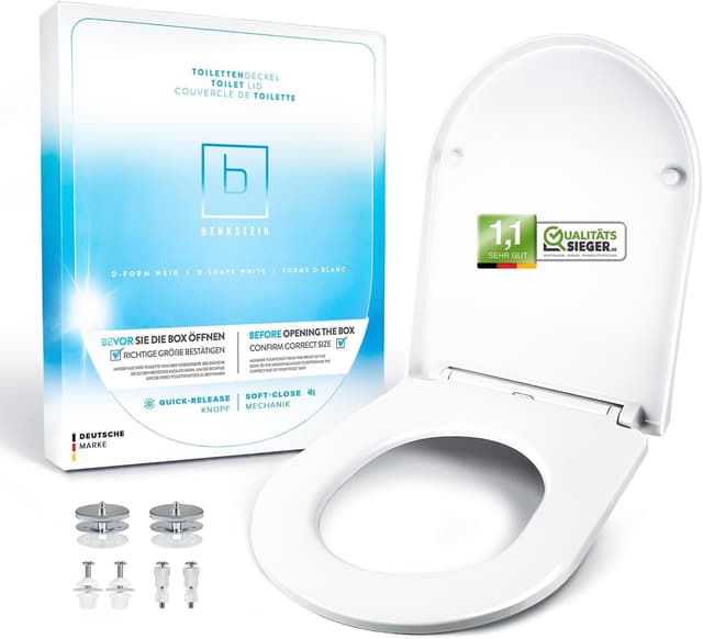 Detalle de Benkstein® Premium Toilettendeckel antibakteriell (D-Form) weiß mit Quick-Release & Softclose – 36 x 42,5 cm