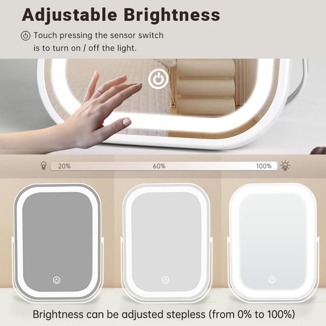 Detalle 2 de YEKKOPT Travel Makeup Mirror with Lights — portable LED vanity mirror with touch dimmer (1200mAh battery)