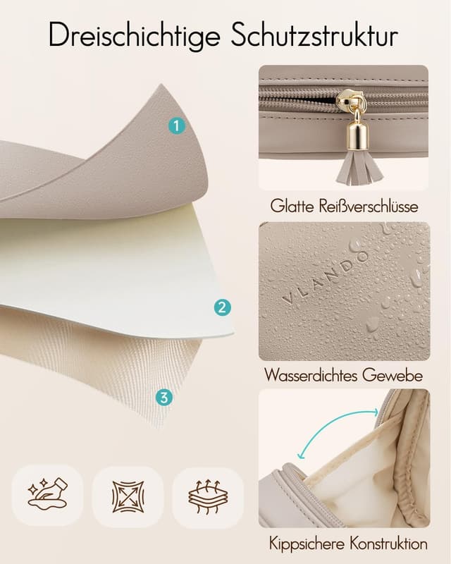 Detalle de VLANDO Kosmetiktasche klein – Make-up Bag mit Einsteckfächern, Reißverschluss & wasserabweisendem Material