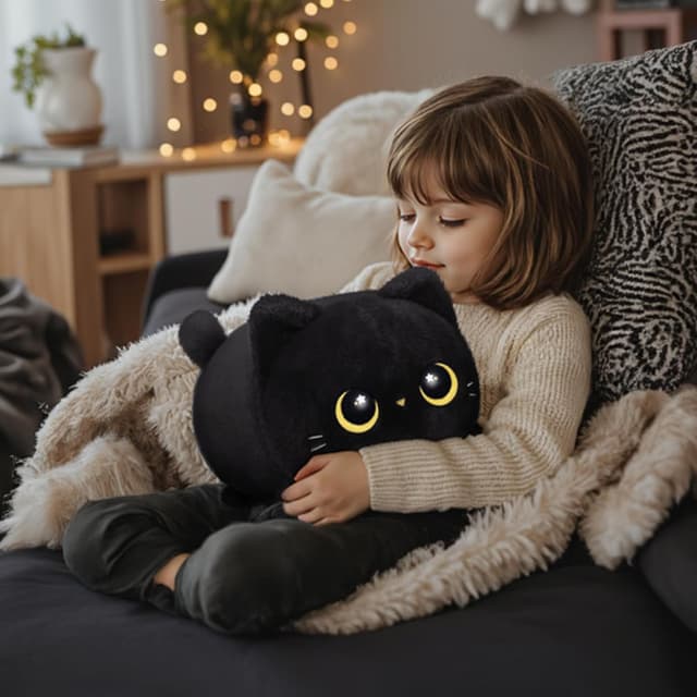Detalle de Mewaii 16-inch Soft Black Cat Plush Pillow – Squishy cuddle plush for kids and adults