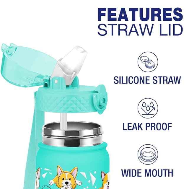 Detalle de GOPPUS Kinder-Trinkflasche 550 ml aus Edelstahl mit Strohhalm, auslaufsicherem Deckel (BPA-frei)