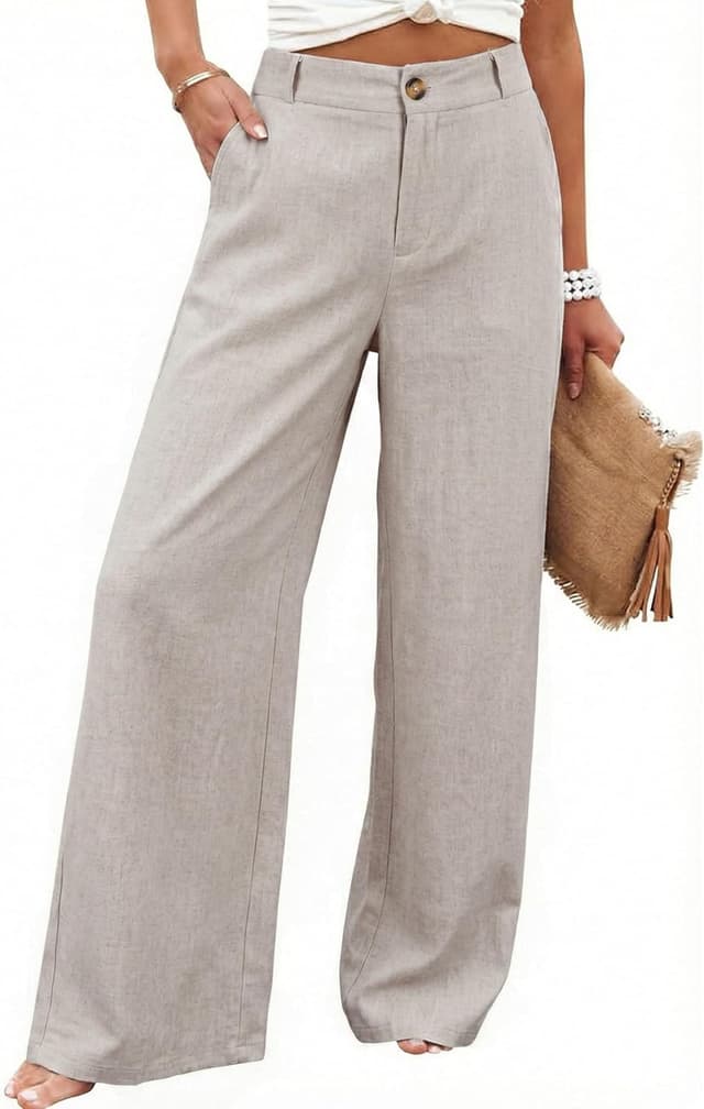 Detalle de Hooever Womens Cotton Linen Wide-Leg Pants (High-Waisted, Button-Front)