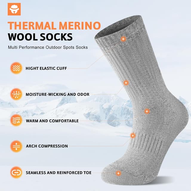 Detalle de SukModen Merino Wool Socks for Men (3 Pairs) – Thermal Winter Hiking Boot Socks