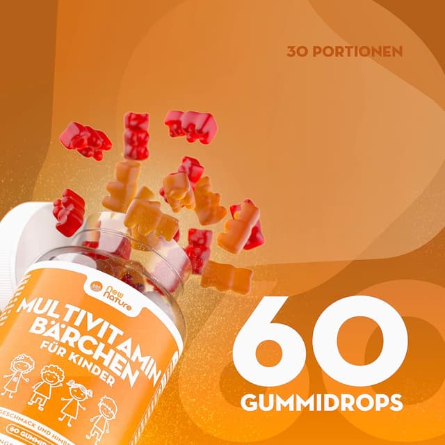 Detalle de New Nature Kinder Multivitamin Fruchtgummis mit Zink, Vitamin C & D – Kindervitamine ab 3 Jahren (60 Gummis)