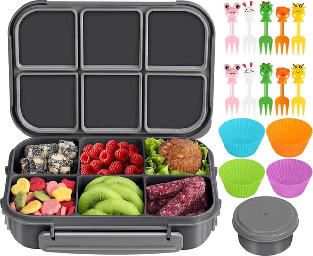 Detalle de Amathley Bento-Brotdose für Kinder und Erwachsene mit 6 Fächern, 1.200 ml – auslaufsicher inkl. Soßenbecher, Obstgabeln und Muffinförmchen (Dunkelgrau)