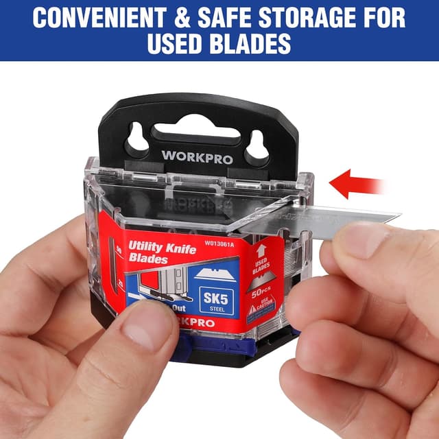Detalle 2 de WORKPRO Lame trapèze en acier SK5 pour cutter avec distributeur (lot de 50 pièces)