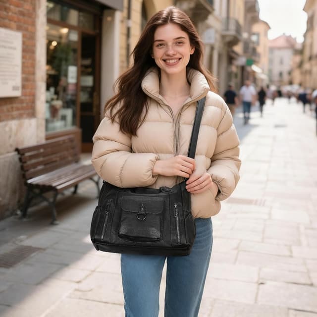Detalle de BAIGIO Grand sac à main femme en cuir PU vintage avec bandoulière réglable et multi-poches (noir)