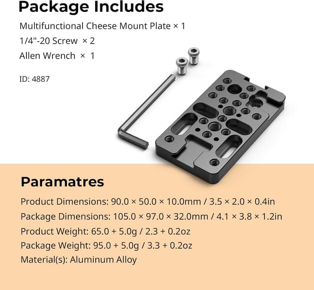 Detalle de SMALLRIG Verlängerungs-Käseplatte für Kamera-Rigs (4887) mit 1/4" & 3/8" Gewinden, Cold Shoe und ARRI-Positionierung