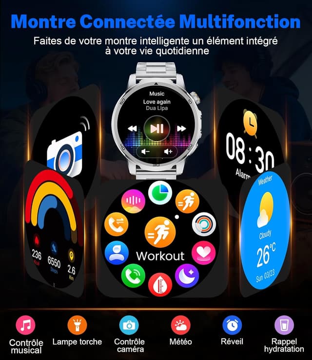 Detalle 2 de LIGE Montre connectée homme 1,85" HD (1000 mAh) avec lampe LED, 100+ sports et suivi fréquence cardiaque/sommeil