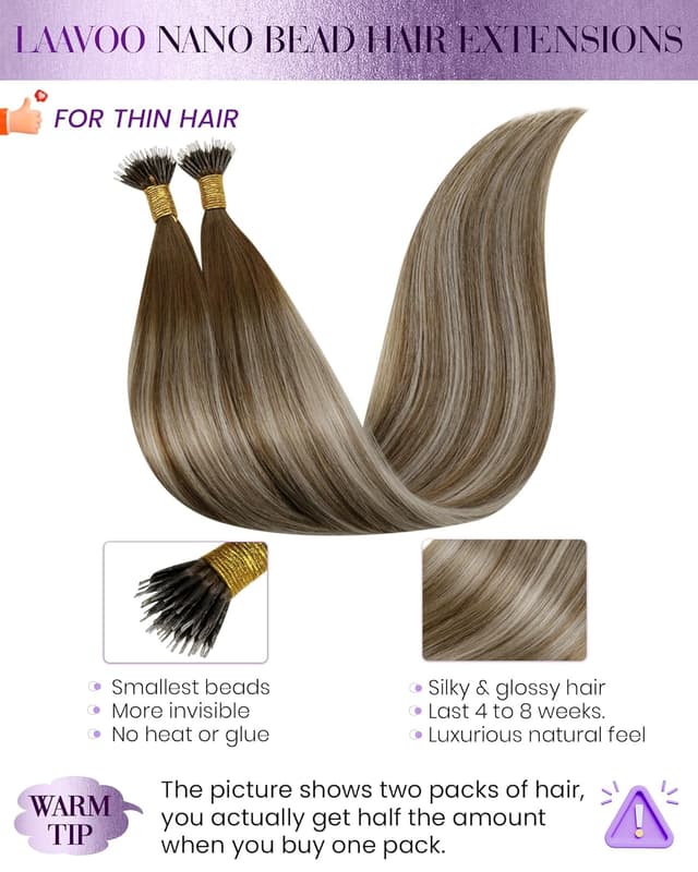 Detalle 2 de LaaVoo Nanoring Extensions Echthaar Ombre Blond (Remy), 45 cm, 100 g, 1 g/1s – #8/60/8