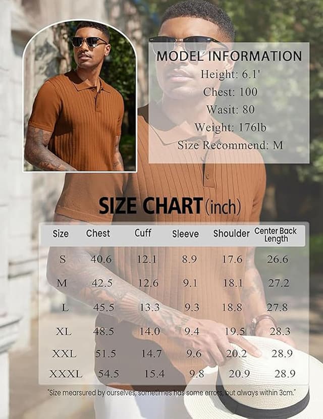 Detalle de COOFANDY Polo Homme tricoté manches courtes stretch à 3 boutons