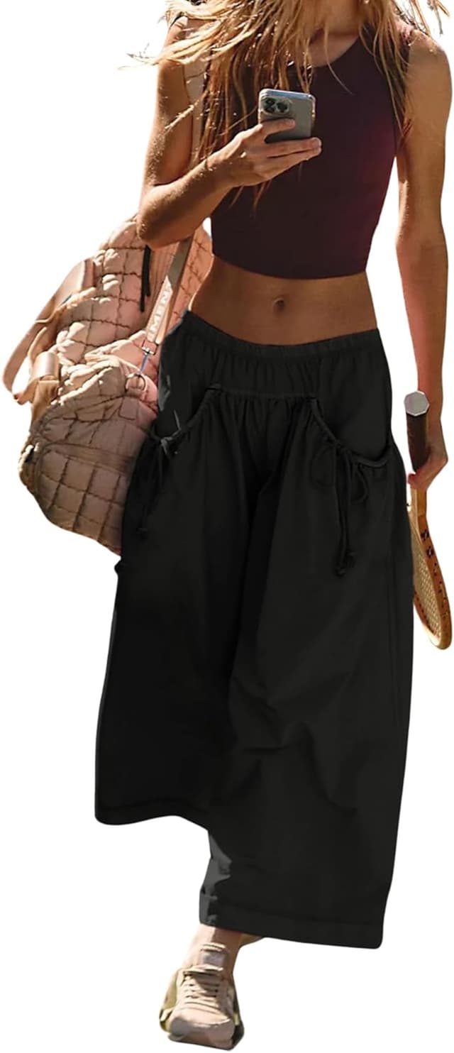 Detalle de Hooever Women’s Loose Wide Leg Track Pants with Drawstring, Pockets & Elastic Waist (Capri Hiking Pants)