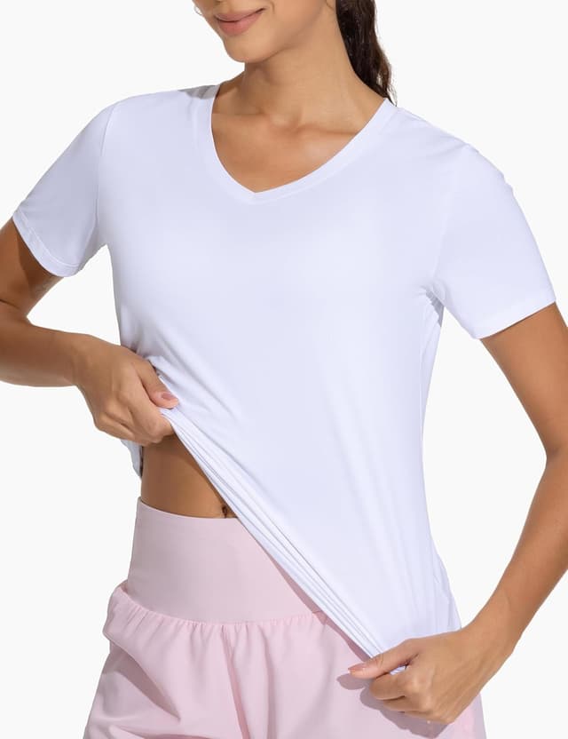 Detalle 2 de THE GYM PEOPLE Camicie da allenamento da donna con scollo a V e maniche corte traspiranti (base per yoga)