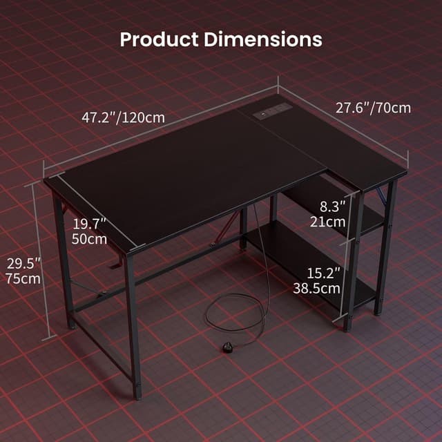 Detalle de DOMSHOCT 120 x 70cm L-shaped gaming desk with power outlets, reversible storage shelves and headphone hook (black)