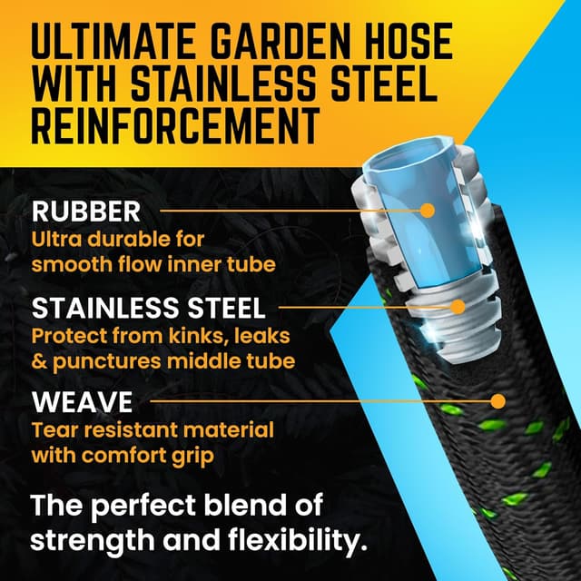 Thumbnail 6 de PowerFlow Garden Hose (Non-Expandable) 25 Feet Stainless Steel Metal Water Hose + Bonus 10-Way Spray Nozzle