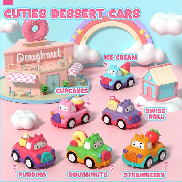 Detalle 2 de Lehoo Castle toddler dessert pull-back car set (rainbow bag, 7 pcs) for 1–3 year old girls