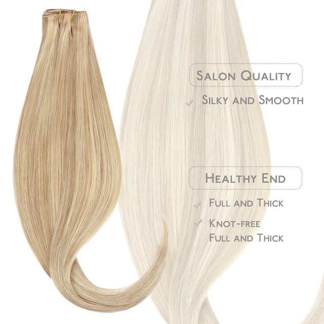 Detalle 2 de WENNALIFE Clip-in Echthaar Extensions 75 g (5 Stück) in Hellblond Highlights/Goldblond