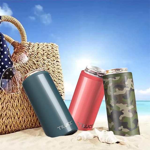 Detalle de TILUCK Skinny Can Cooler (Stainless Steel) for Slim 12 oz Cans, Double-Walled Insulated Sleeve — Glitter Coral