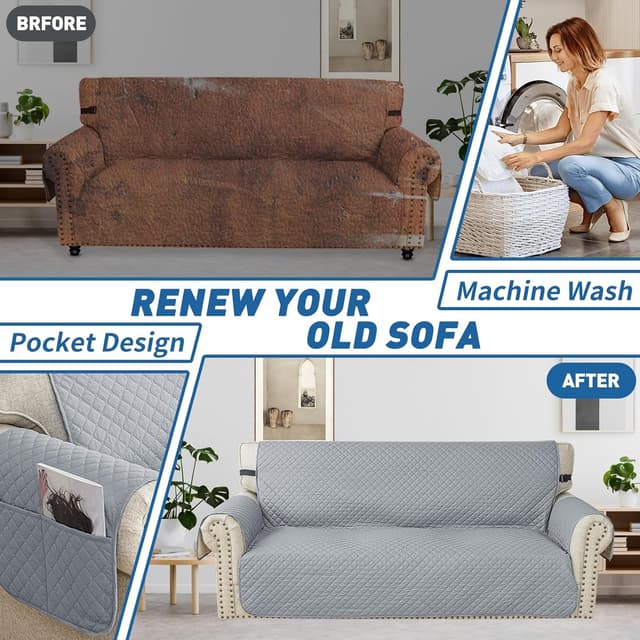 Detalle 2 de YSTELLAA Impermeabile copridivano 4 posti con braccioli, trapuntato e antigraffio per gatti/cani, grigio chiaro