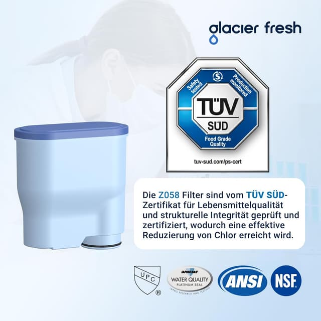 Detalle de GLACIER FRESH (4 Stück) Wasserfilter für Philips AquaClean CA6903/10, CA6903/22 – TÜV SÜD & Kalkfilter