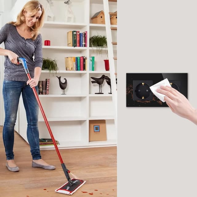 Detalle 2 de LIAONFOY Schuko Doppel-Steckdose mit Kindersicherung & Glasrahmen (Unterputz, schwarz, 2-fach)