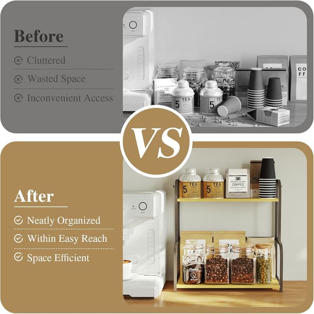 Thumbnail 6 de Kitchen Shelf Organiser Coffee Station – 2-Tier Black Wooden Countertop Spice Rack Storage Unit