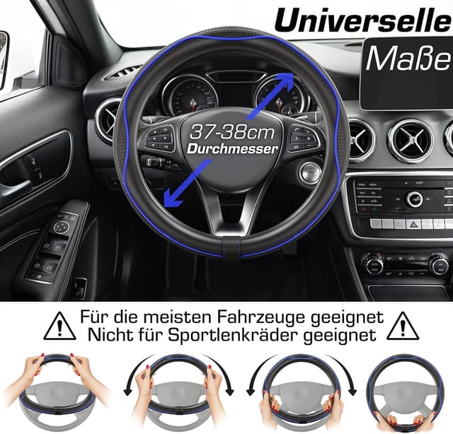 Detalle de Upgrade4cars Lenkradbezug Blau Schwarz (Leder-Optik) – universelle Lenkradhülle 37–38 cm