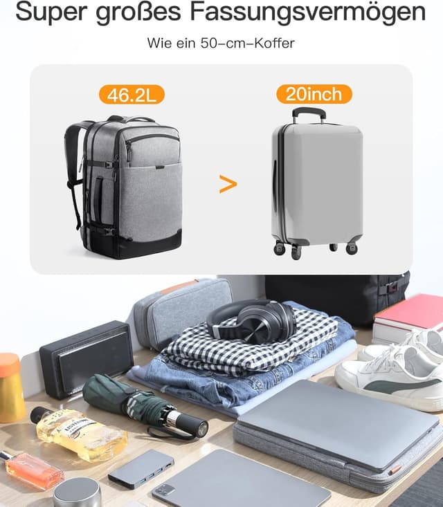 Detalle de Inateck erweiterbarer Reiserucksack 38,5–46,2 L fürs Handgepäck mit Laptopfach (bis 15,6 Zoll)