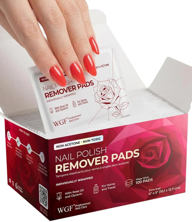 Detalle de Nail Polish Remover Pads (Non-Acetone, Rose Oil) 100-Pack Bulk Set, Individually Wrapped Wipes