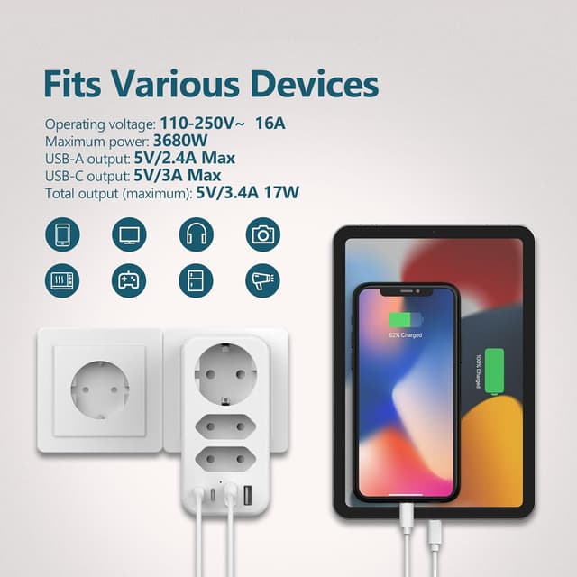 Detalle de Multipresa JSVER con 3680 W, ricarica USB