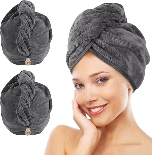 Detalle de KinHwa XL Turban-Handtuch mit Knopf aus Mikrofaser, 30 x 70 cm – 2er-Pack, grau