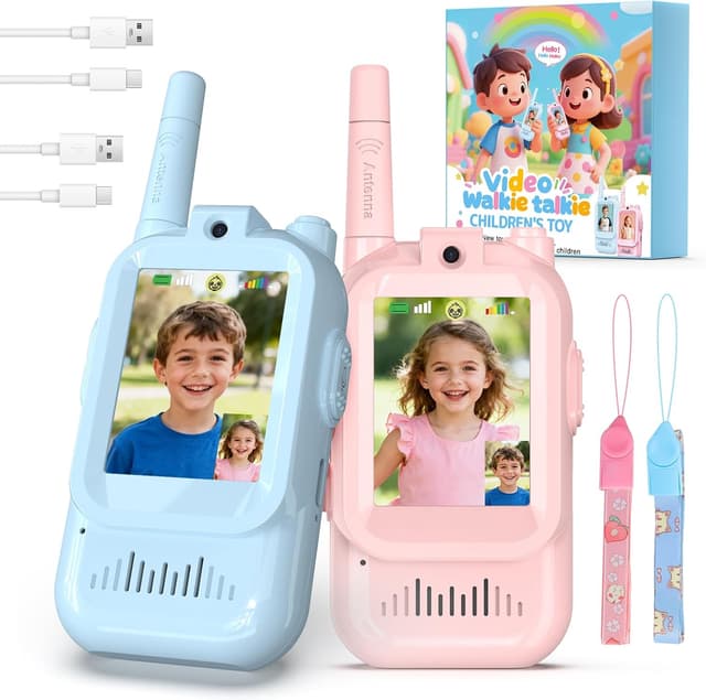Detalle de Video Walkie Talkie Kinder-Set (2er Set) – 5 km Reichweite, aufladbar, Video- & HD-Audio für 3–12 Jahre (Blau+Rosa)