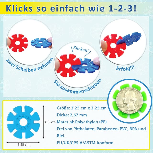 Detalle de Brain Flakes 500er-Set (ab 3 Jahren) – ineinandergreifendes Kunststoff-Scheibenspielzeug für kreatives Bauen