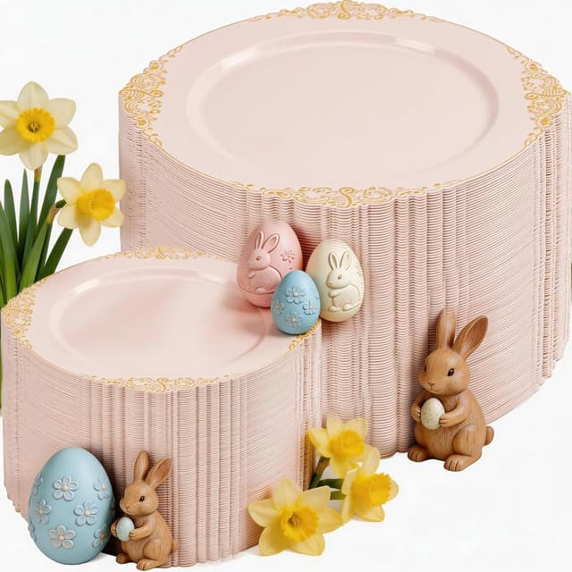 Detalle de Joyido 200PCS Pink and Gold Disposable Plates Set for Weddings, Bridal Showers, and More