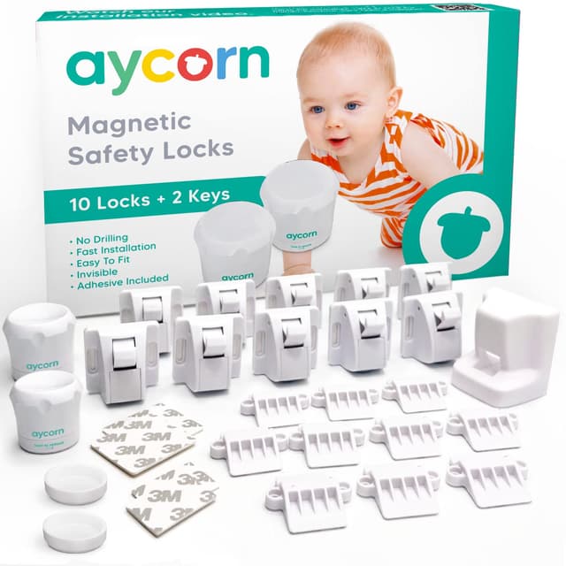 Detalle de Aycorn magnetisches Schrankschloss für Kinder & Babys – 10 Schlösser, 2 Schlüssel, ohne Bohren