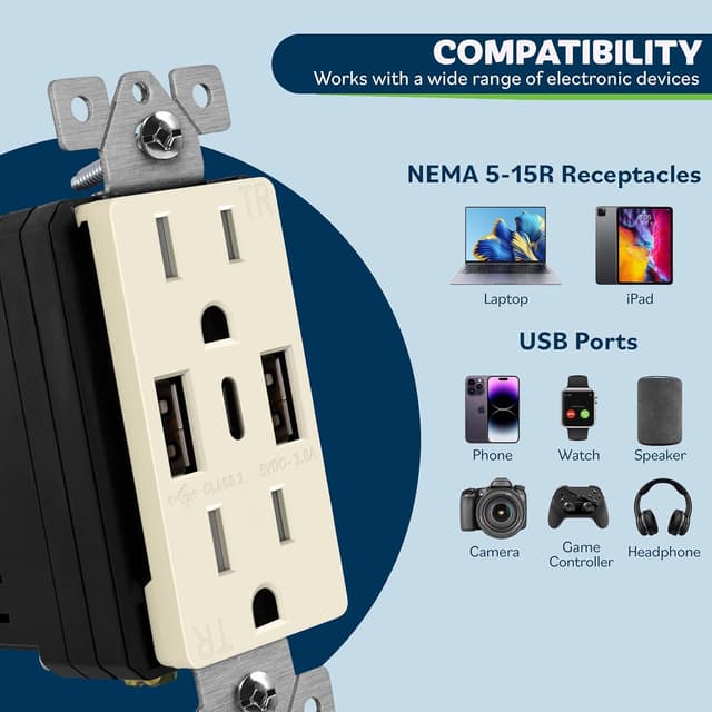 Detalle 2 de TOPGREENER 3-Port USB Wall Outlet 15A 🔌
