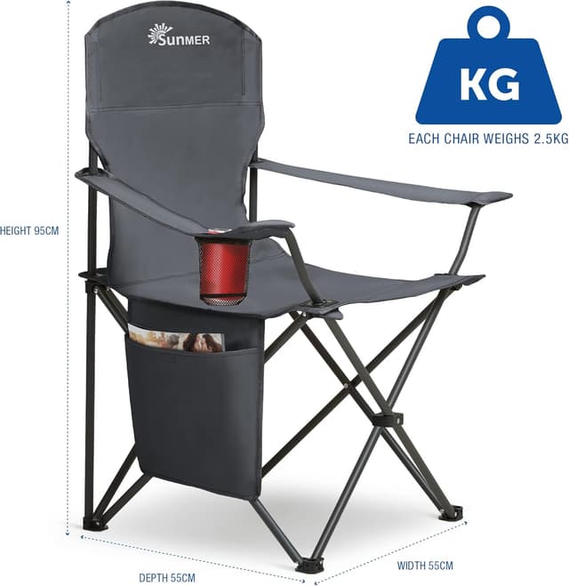 Detalle de SUNMER Folding Camping Chairs (Set of 2) – Extra-Wide Lightweight Outdoor Chairs with Armrests, Cup Holder & Side Pocket – Dark Grey