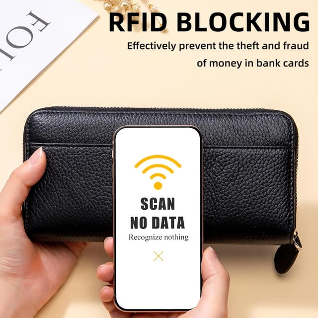 Detalle de SCHLATUM RFID Blocking Women’s Zipper Wallet in Black – Large Capacity Real Leather Zip-Around Billfold