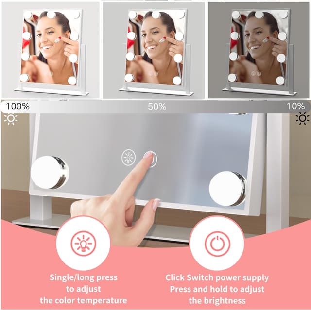 Thumbnail 1 de 12in Lighted Vanity Mirror Touch Sensor, 3-Color ๐