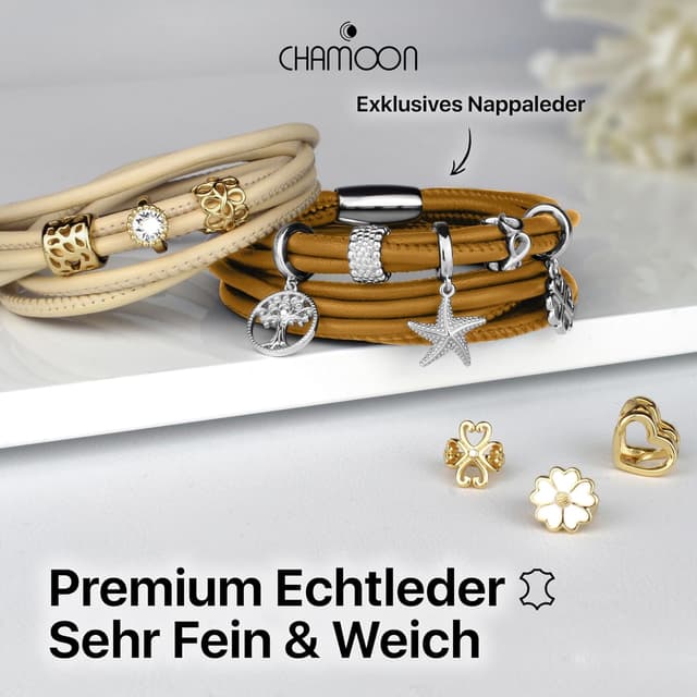 Detalle de CHAMOON® Premium Lederarmband für Damen (Nappaleder) mit Magnetverschluss & über 80 Charms